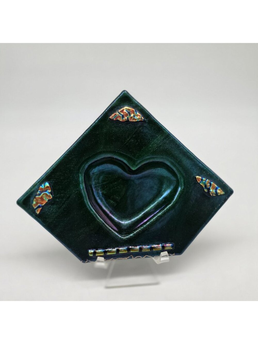 Fused Glass Bowl Green Heart Shaped Iridescent Accents by Bella Glass